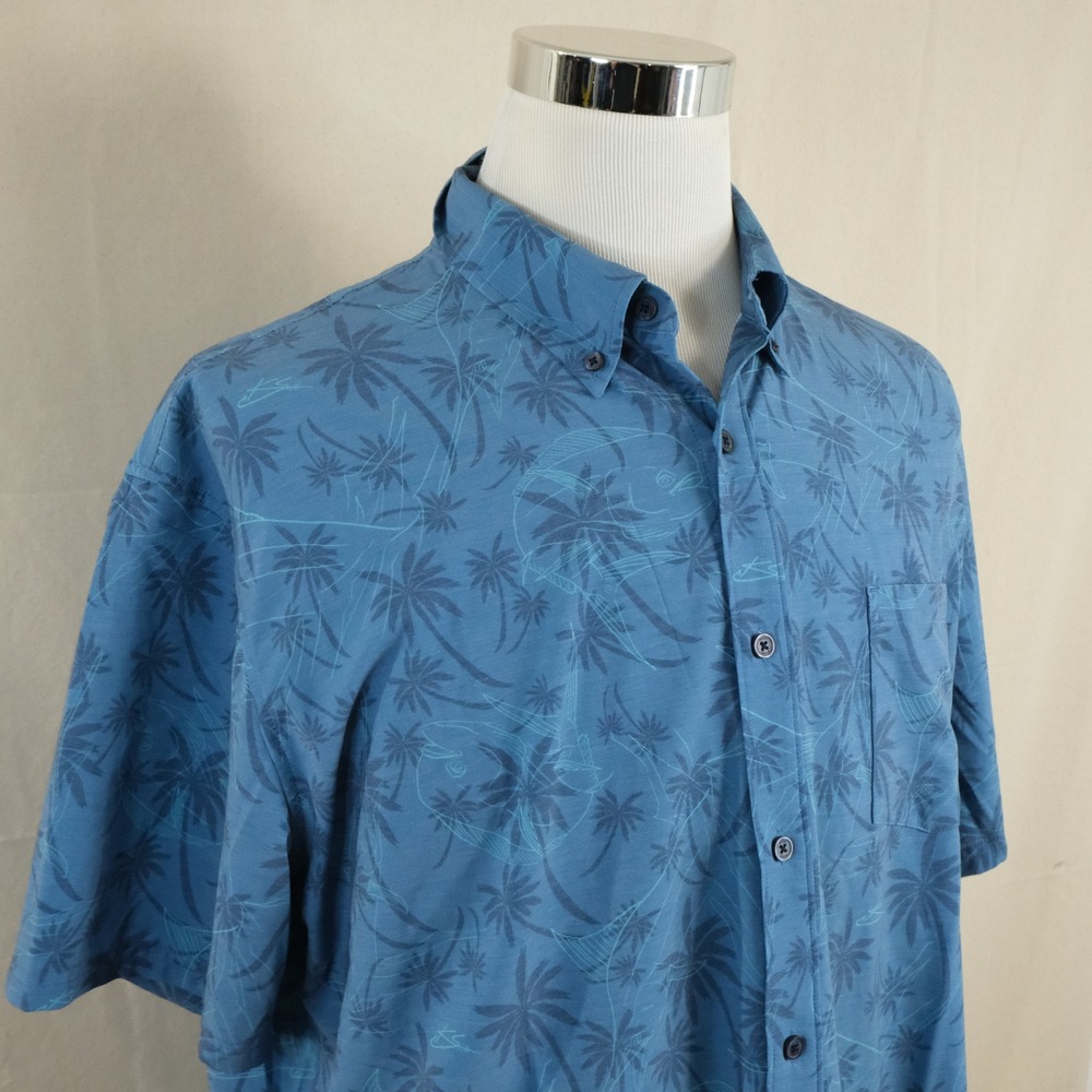 Huk XL Hawaiian Aloha Shirt Blue Palm Tree Performance Fishing Cotton Blend Mens